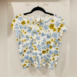 Joie White Linen Tee with Blue and Mustard Floral Print size
